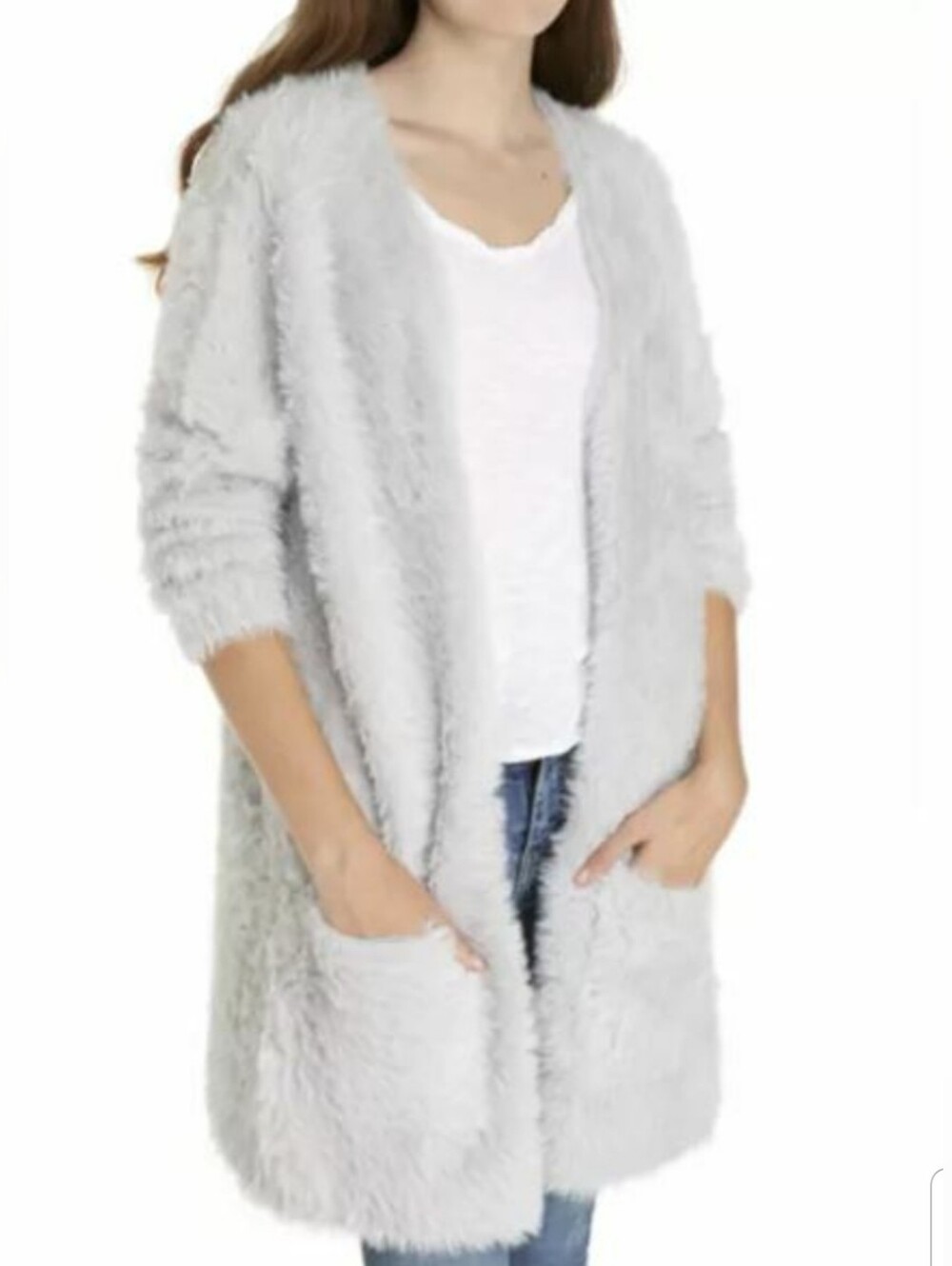 Free People Faux Fur Open Cardigan Silver Cloud Size XS